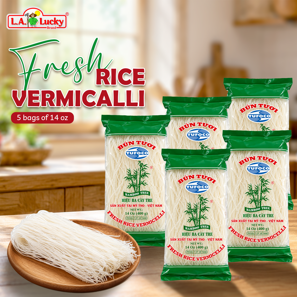 TUFUCO Bun Tuoi rice vermicelli, pack of five 14 oz bags