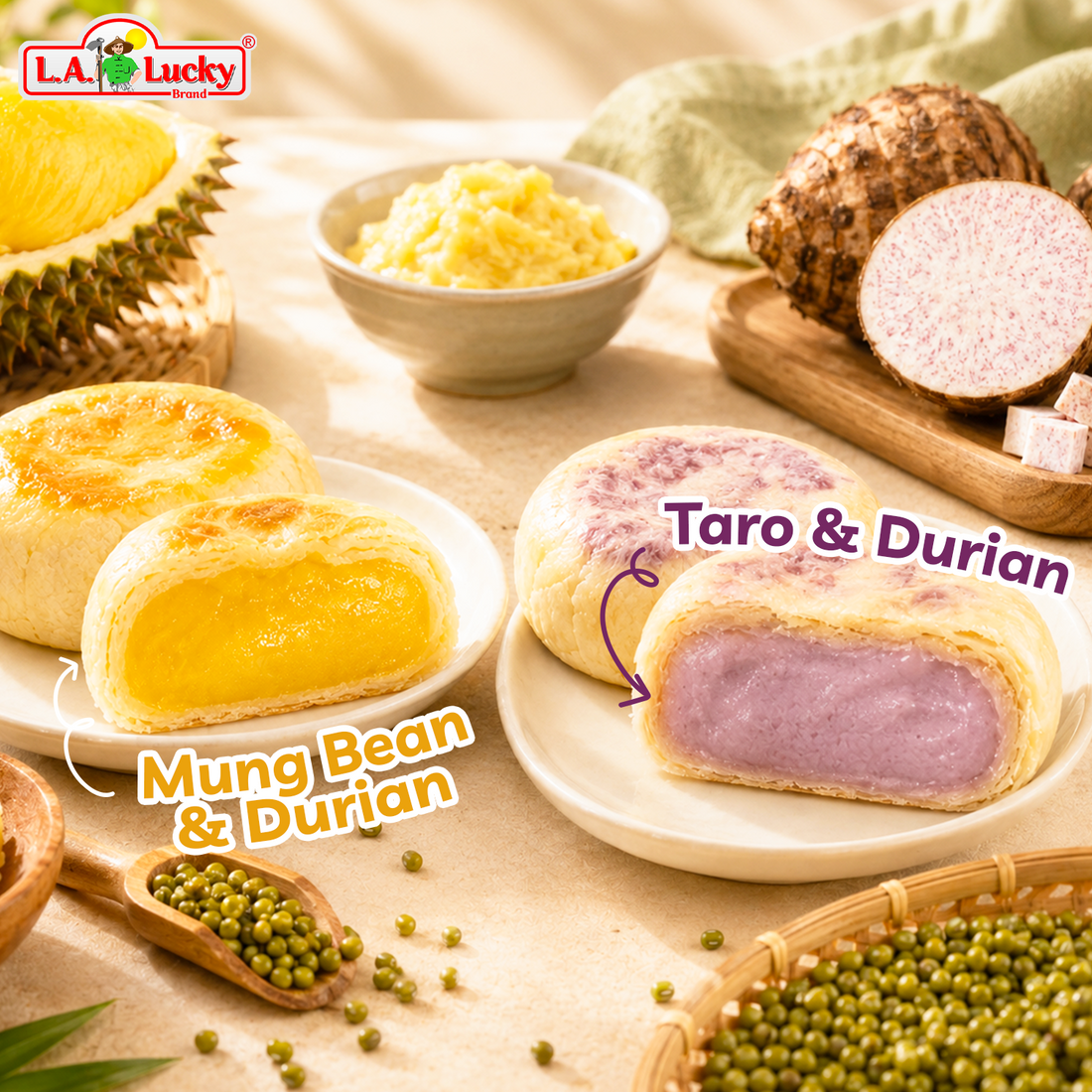 Vegetarian Pia Cake Mix with Durian & Mung Bean and Taro Fillings – 400g Box 4 Cakes