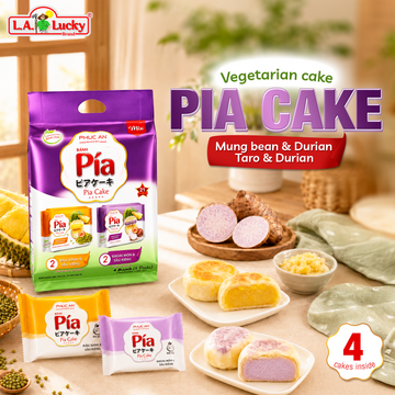 Vegetarian Pia Cake Mix with Durian & Mung Bean and Taro Fillings – 400g Box 4 Cakes