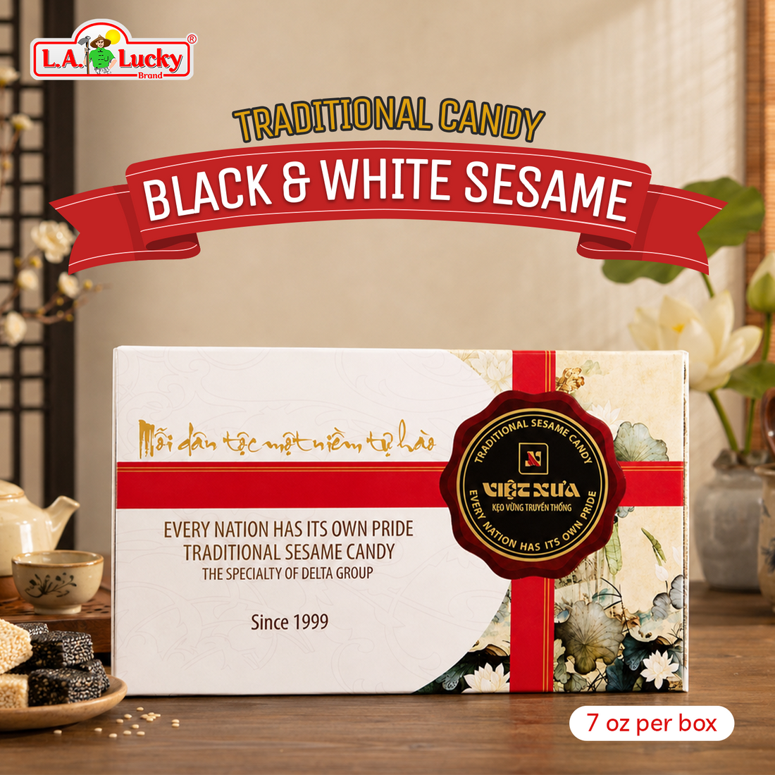 Viet Xua Traditional Black and White Sesame Candy 7 oz box