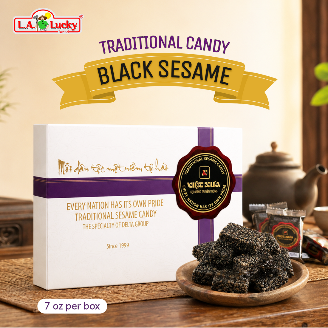 Viet Xua Traditional Black Sesame Candy 7 oz box