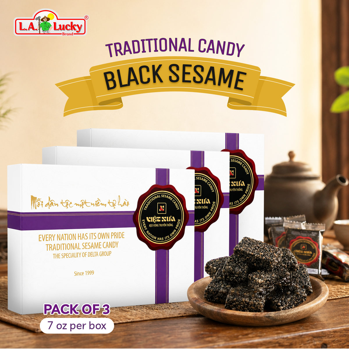 Viet Xua Traditional Black Sesame Candy Pack of 3 boxes