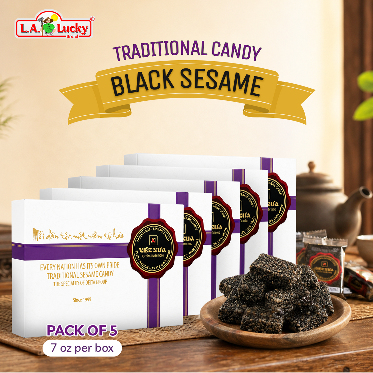 Viet Xua Traditional Black Sesame Candy Pack of 5 boxes
