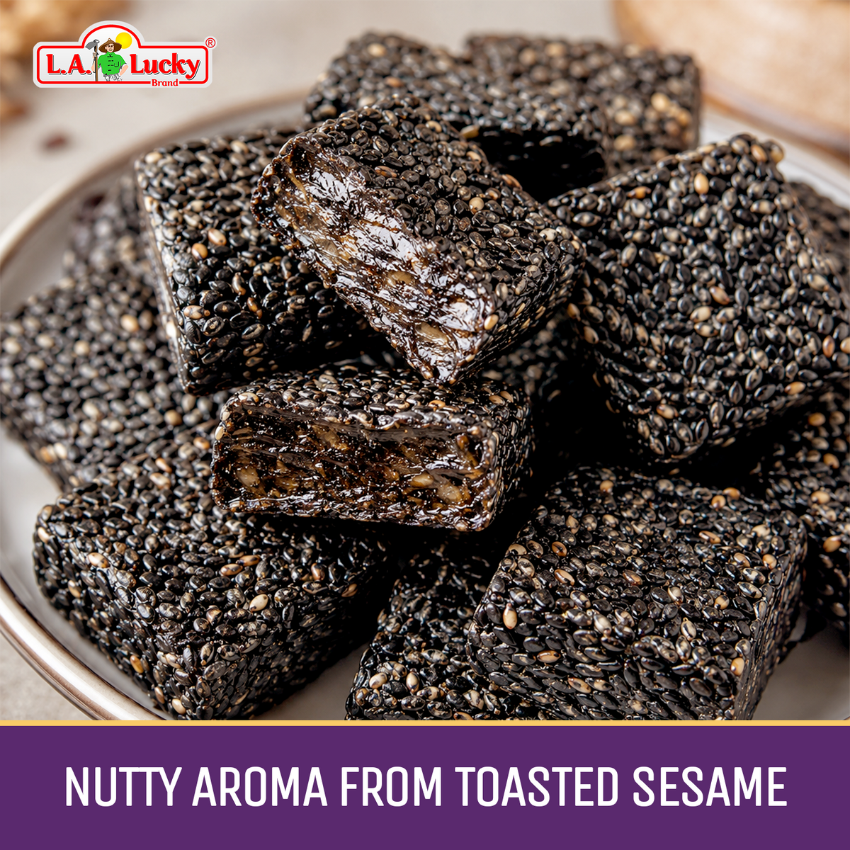 Close-up of Viet Xua Traditional Black Sesame Candy with toasted sesame