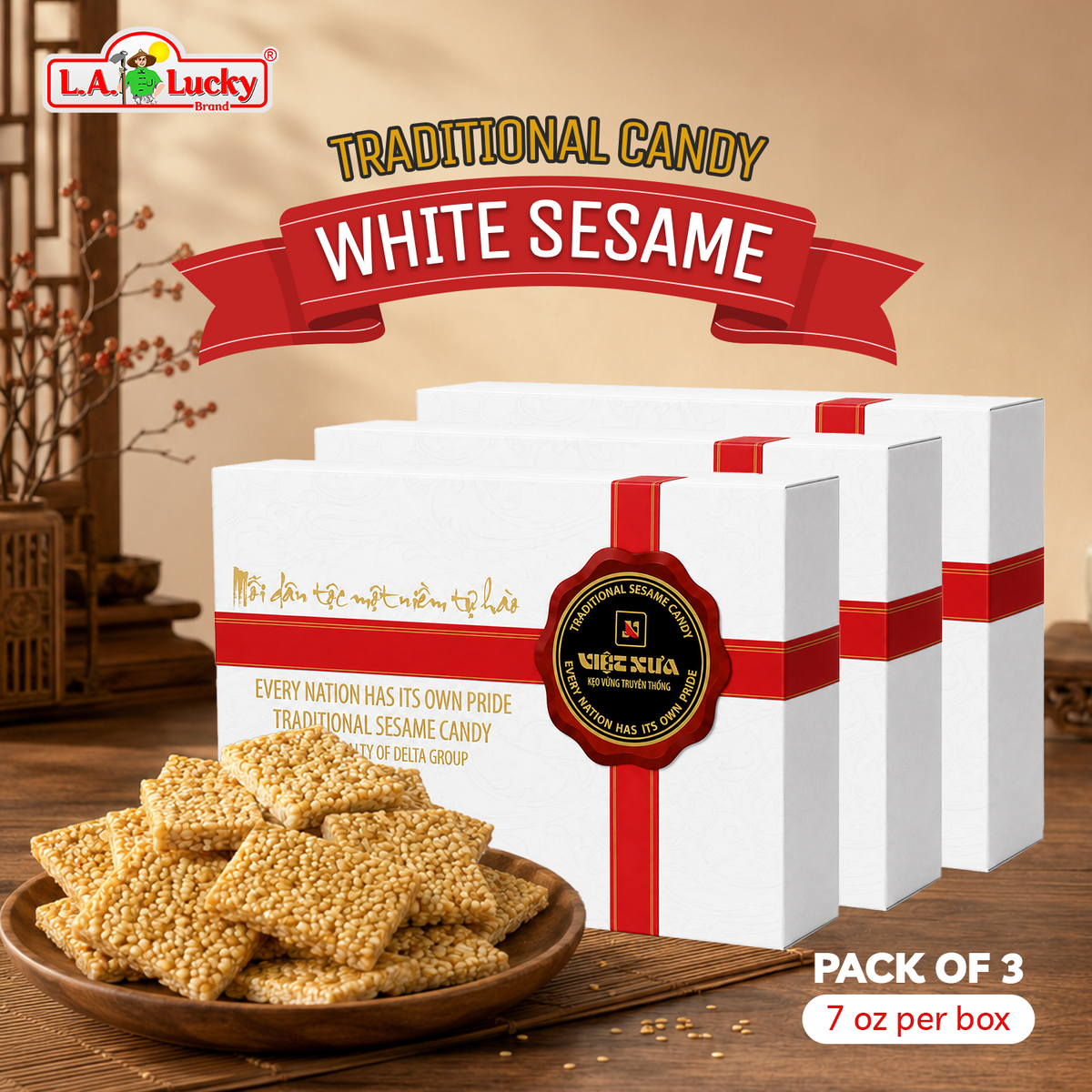 Viet Xua Traditional White Sesame Candy Pack of 3 boxes