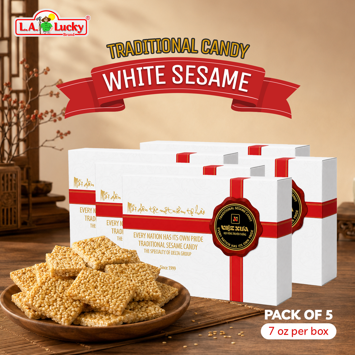 Viet Xua Traditional White Sesame Candy Pack of 5 boxes