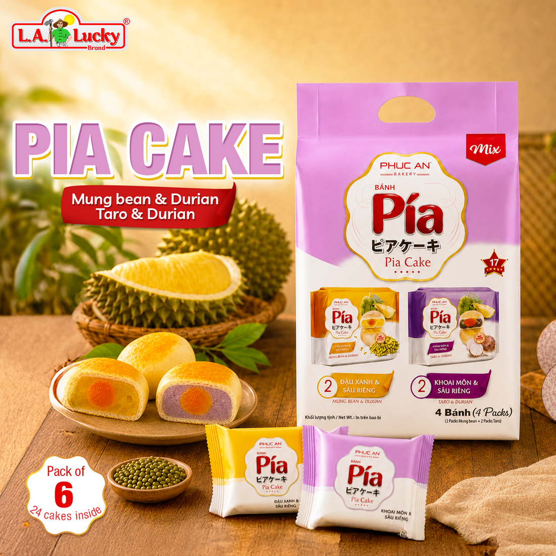 Vietnamese Pia Cake Mix with Durian, Mung Bean, Taro & Salted Egg Yolk – 400g 4 Cakes