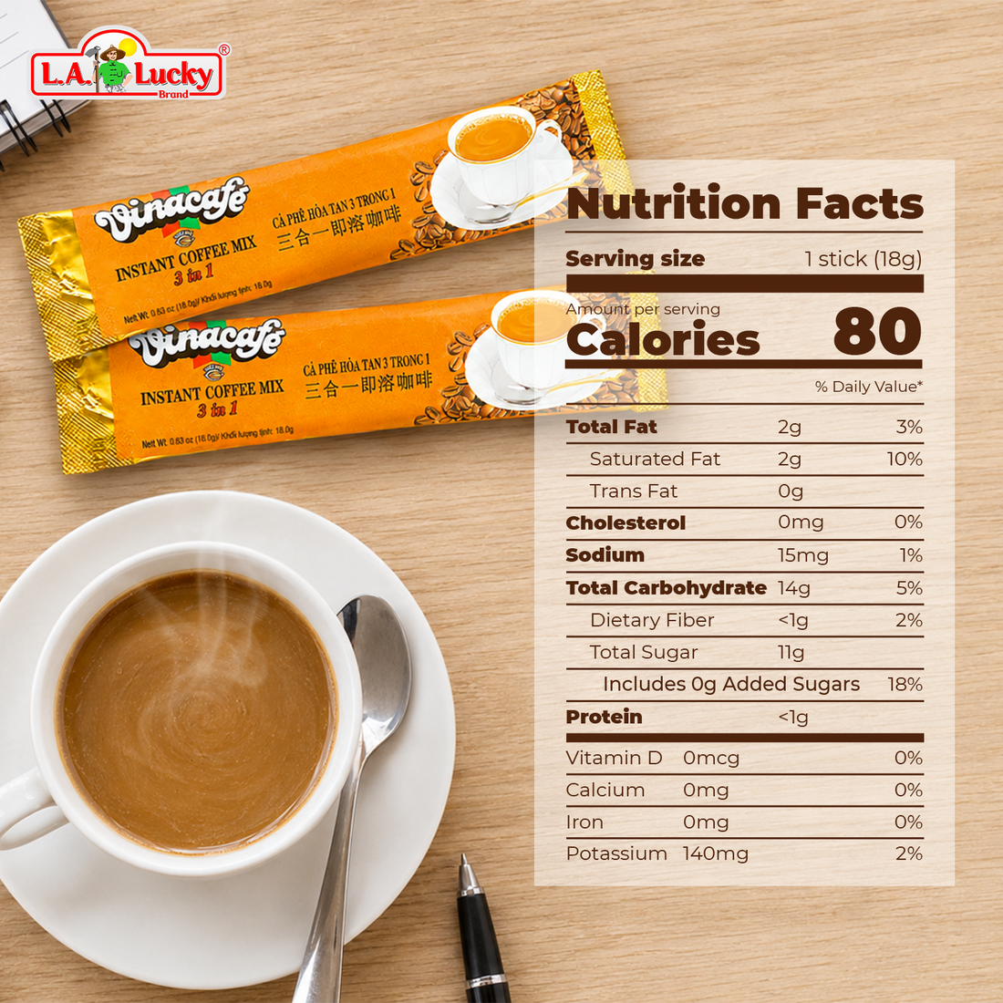 Vinacafe 3 in 1 instant coffee mix 100 sticks package