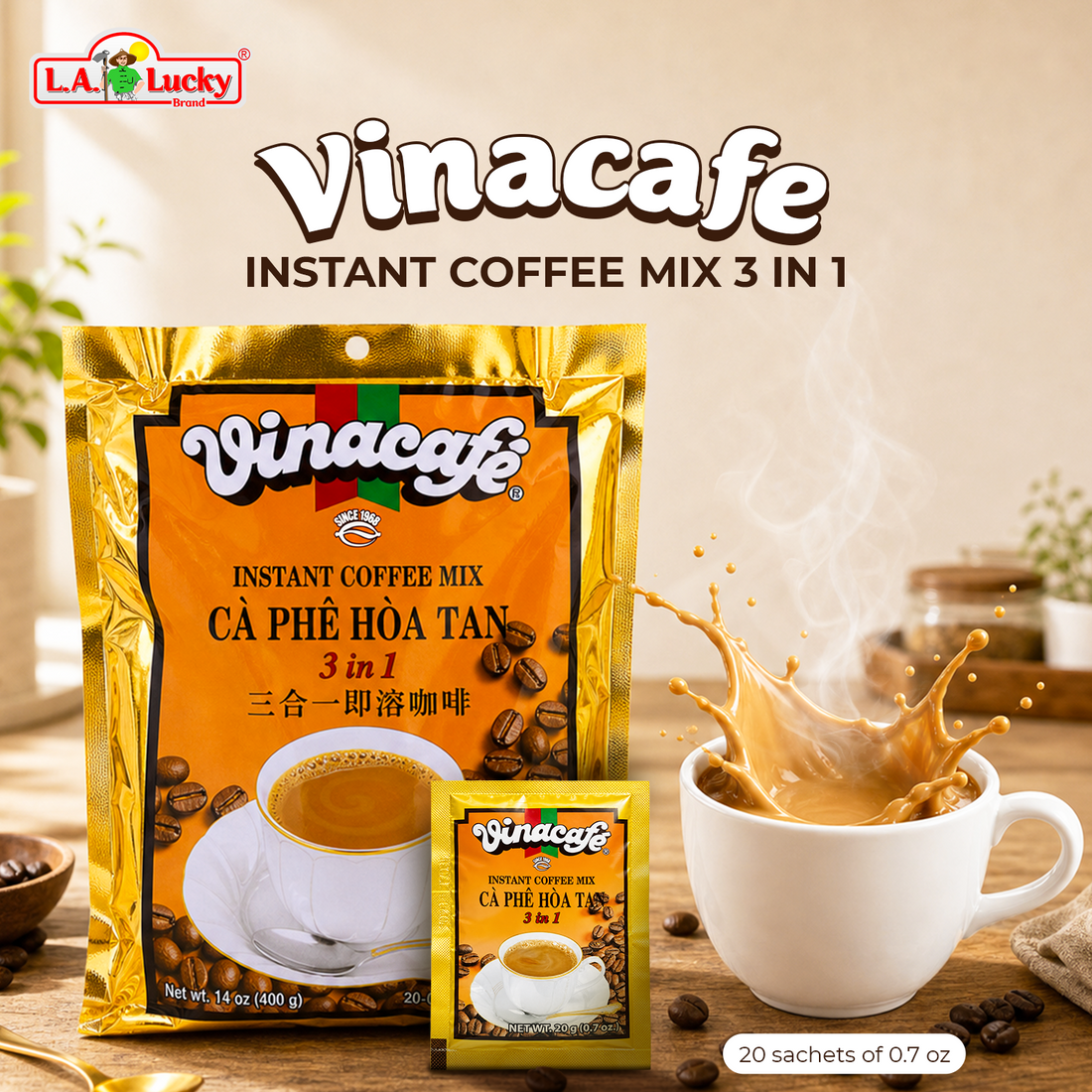Vinacafe instant coffee mix 3 in 1 20 sachets package