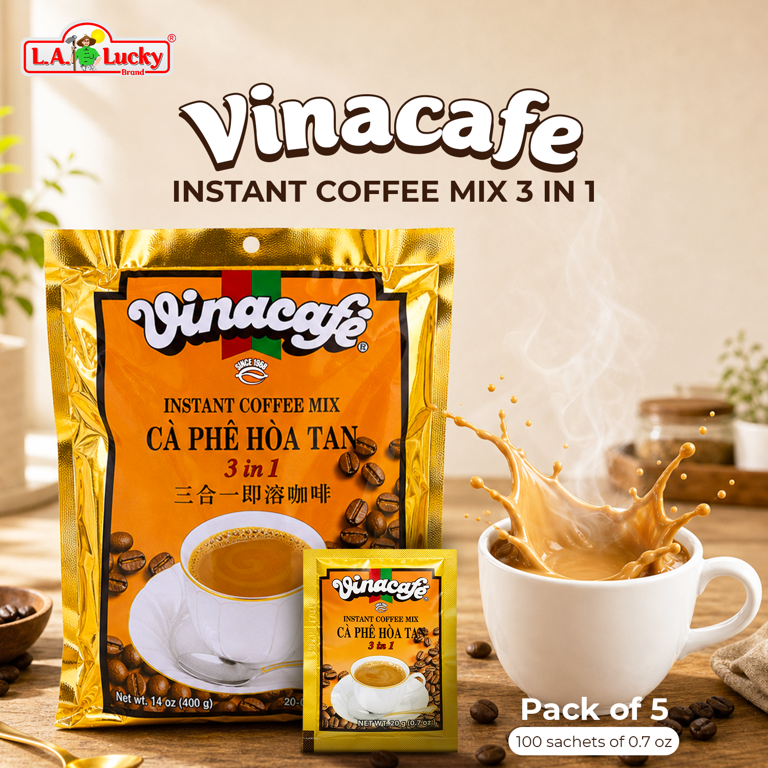 Vinacafe instant coffee mix 3 in 1 pack of 5
